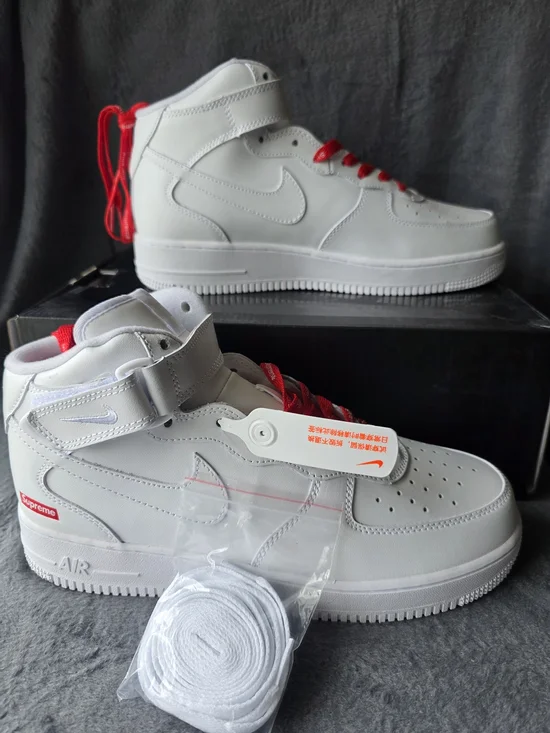Nike White Air Force 1 High with Red Supreme Laces - Picture 11 of 16